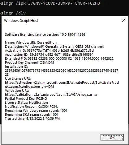 offline - "Generic product key for manufacturers" - "Windows is in Notification mode"