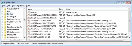 Screenshot of registry-editor with hivelist key highlighted