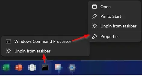 Display the properties of a taskbar icon