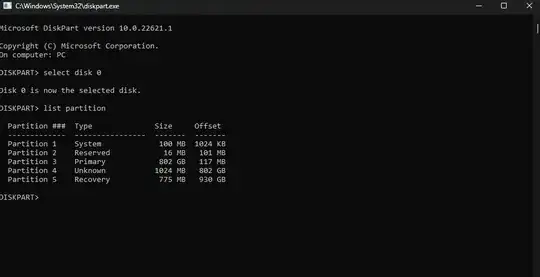 Partitions as shown on diskpart