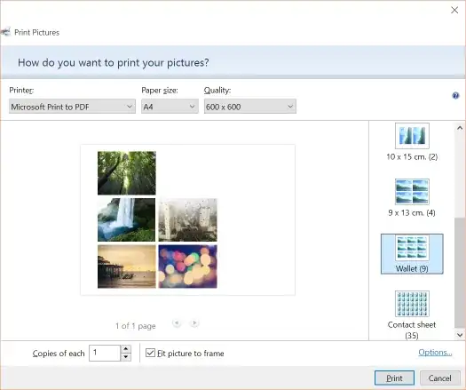 View of Windows 10 print dialog showing multiple photos per page