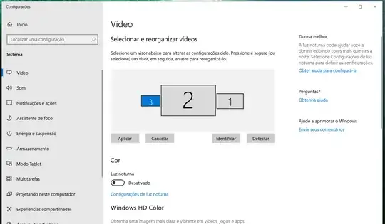 Monitor #3 with 1366x768, Monitor #2 in the middle with 4K, and #1 on the right with 1080p