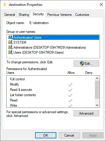 security tab of destination folder's properties
