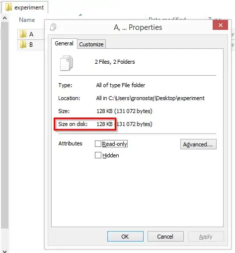 Properties of A and B, showing total size 128 KB