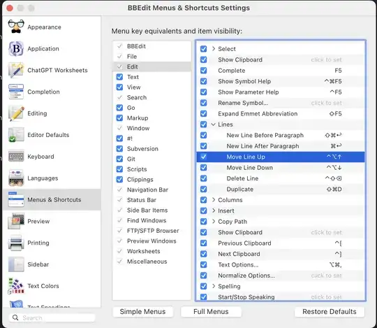 Showing Bbedit menu settings, with Menu & Shortcuts Edit unfolded Lines and Move Line Up selected