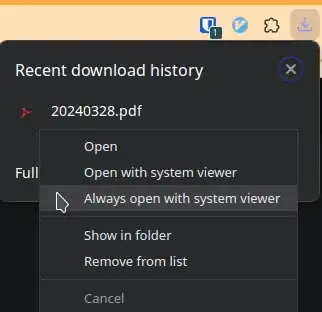 Chrome setting: "Always open with system viewer"