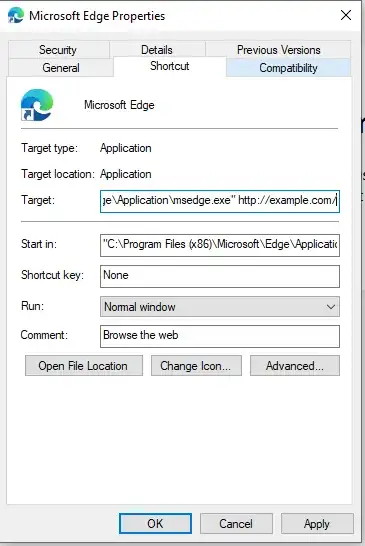Properties of browser shortcut