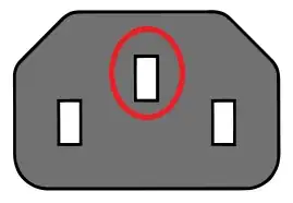IEC 60320 C13 connector, with ground hold highlighted.
