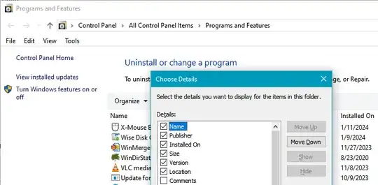 Programs and Features columns