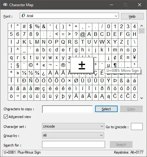 character map selected view