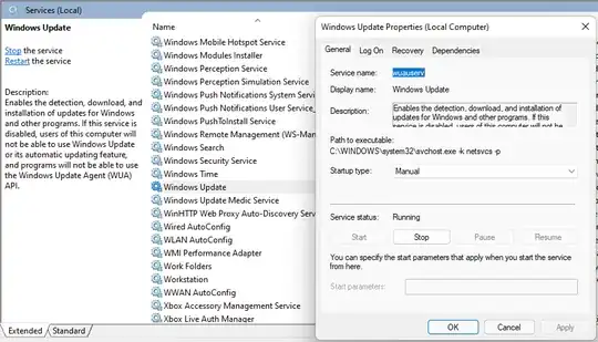 screenshot of Properties dialog of Services app for Windows update service
