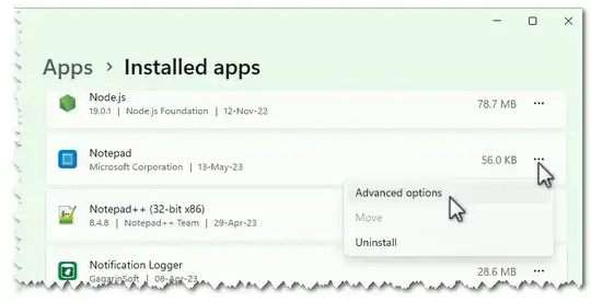 Windows 11 settings - Apps Notepad Advanced options