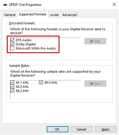 SPDIF Out Properties window on the Supported Formats tab showing DTS Audio and Dolby Digital checked