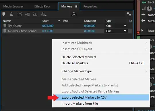 Adobe Audition screenshot showing right-click menu and "Export Selected Markers to CSV" selected.