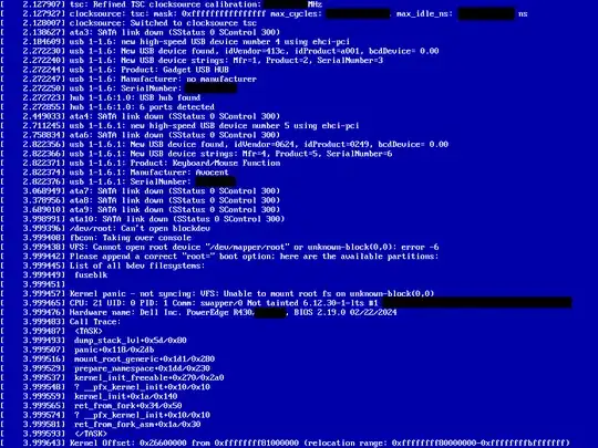 A screenshot of Arch Linux trying to boot, but getting a kernel panic