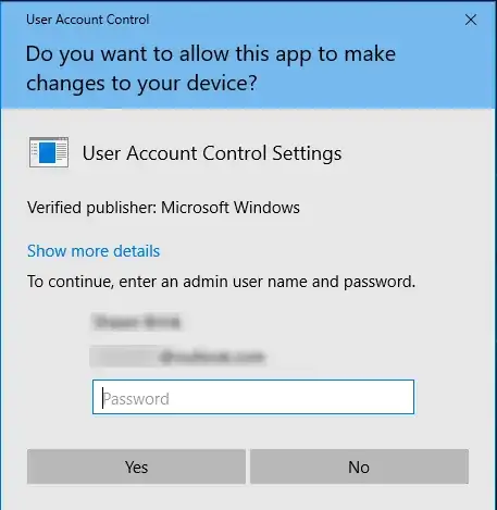 A dialog asking if it's okay to allow User Account Control Settings to make changes to the device, with a password field and options "Yes" and "No"
