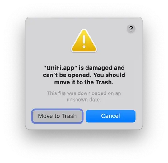 A screenshot of a macOS dialog window that says "'UniFi.app' is damaged and can't be opened. You should move it to the Trash. This file was downloaded on an unknown date." and has buttons for "Move to Trash" and "Cancel"