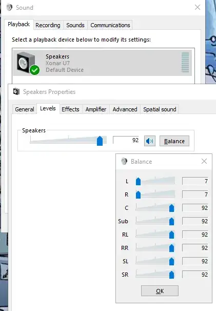 Windows' speaker properties dialog, with volume at full but front left and front right volume channels at 5%