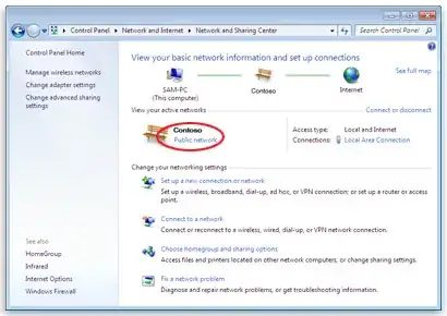 Network and Sharing Center - Click Work network, Home network, or Public network, and then click the network location you want