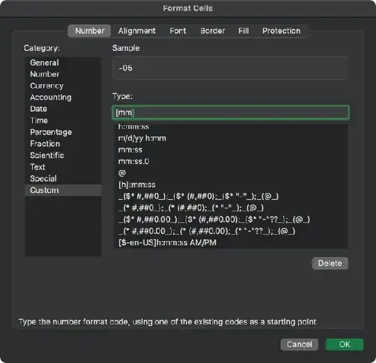 Screenshot of the cell format dialog in Excel. Within the Number tab we set a custom format for the cell to [mm] which displays the negative time difference in minutes.