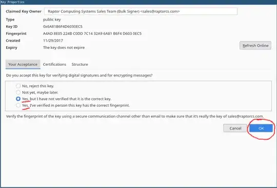 Another pop-up modal showing the public key details with several radio button options for setting the trust level of the key. Here, "" is selected.