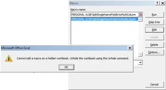 OK Dialog which reads: "Cannot edit a macro on a hidden workbook.  Unhide the workbook using the Unhide command." and a macro window which reads: "Macro name: PERSONAL.XLSB!SplitSingleNameFieldIntoMultiColumn"