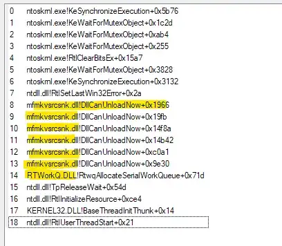 A thread stack highlighting mfmkvsrcsnk.dll
