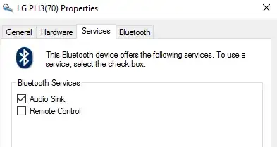 Screenshot of the properties of a Bluetooth device