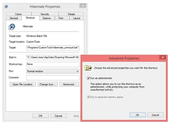 Shortcut properties showing 'Run as administrator' option
