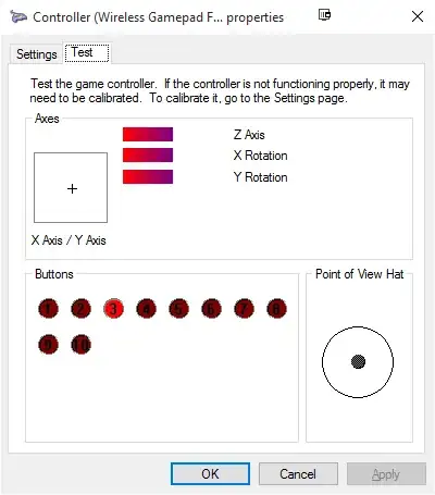 Figure 6: Game Controllers > Controller (Wireless Gamepad F710) > Properties – X Button Pressed