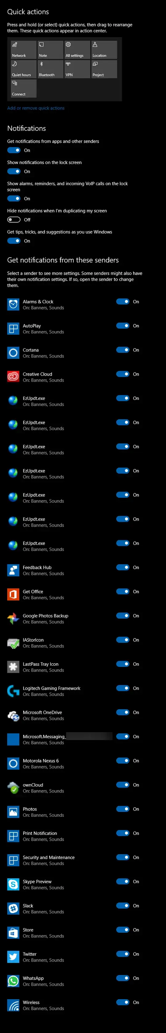 Notifications & Actions settings panel