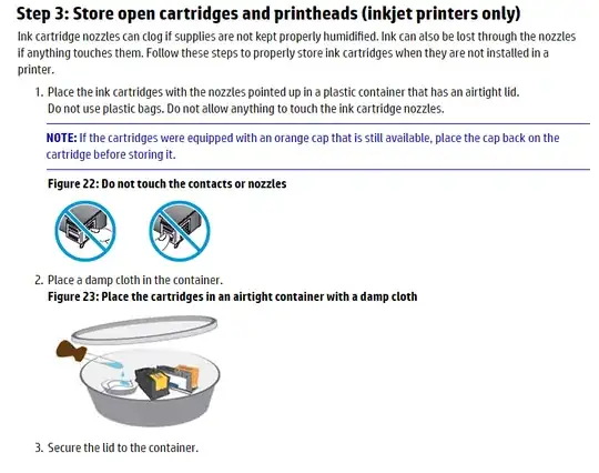 Step 3: Store open cartridges and printheads (inkjet printers only): Ink cartridge nozzles can clog if supplies are not kept properly humidified. Ink can also be lost through the nozzles if anything touches them. Follow these steps to properly store ink cartridges when they are not installed in a printer. 1. Place the ink cartridges with the nozzles pointed up in a plastic container that has an airtight lid. Do not use plastic bags. Do not allow anything to touch the ink cartridge nozzles. NOTE: If the cartridges were equipped with an orange cap that is still available, place the cap back on the cartridge before storing it. Figure 22: Do not touch the contacts or nozzles. 2. Place a damp cloth in the container. Figure 23: Place the cartridges in an airtight container with a damp cloth. 3. Secure the lid to the container.
