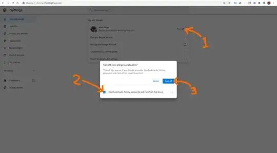 First click the "Turn off" button to summon the "Turn off sync and personalisation" modal. Then check the "Clear bookmarks, history, passwords and more from this device" checkbox in the modal. Finally, click the "Turn off" button in the modal.