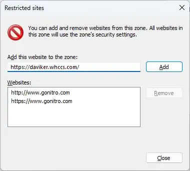 Under the Add this website to the zone text box, type the website you wish to add (usually without any path suffix) and click Add.  For the case within this article, the website may be https://daviker.whccs.com  You have the ability to select a website you previously added and click Remove to further configure this zone.