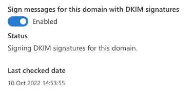 sign messages for this domain with DKIM signatures. Status: Enabled