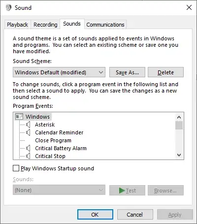 Sound control panel screenshot