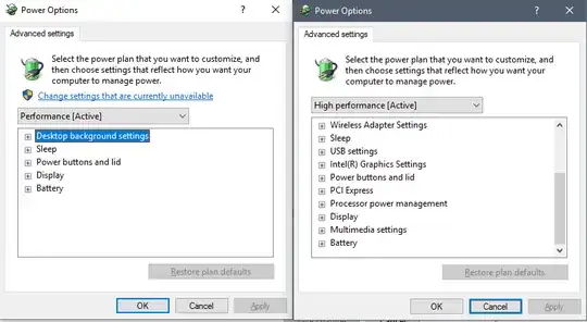 Left is the new laptop with limited options. Right is the old one with full set of options.