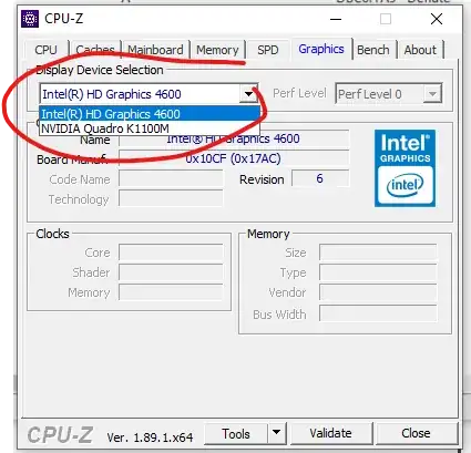 CPU-Z output of Graphics tab showing multiple graphics options