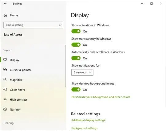 Settings/Ease of Access/Display dialog