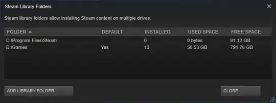 Steam shows a list of folders it uses to store games and such.