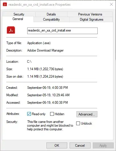 Adobe installer set to Read-only