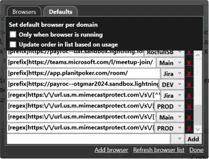 Example browserPicker defaults using prefixes and regex
