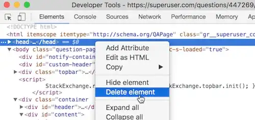 delete the head tag in Chrome