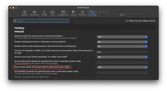 screenshot of where the "Scroll wheel sends arrow keys when in alternate screen mode" can be found in iTerm2's settings, with the specific setting circled in red