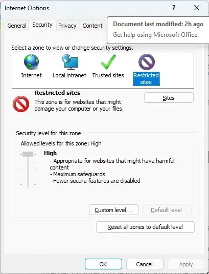 Under the Security tab within Internet Options, there is a zone labelled Restricted Sites which looks like a no entry sign.  Click that and then click the Sites button underneath