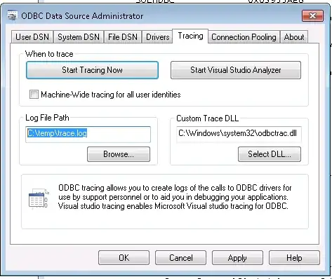 An image of ODBC window with the trace tab selected
