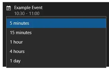 Snooze values are 5 minutes, 15 minutes, 1 hour, 4 hours, 1 day.