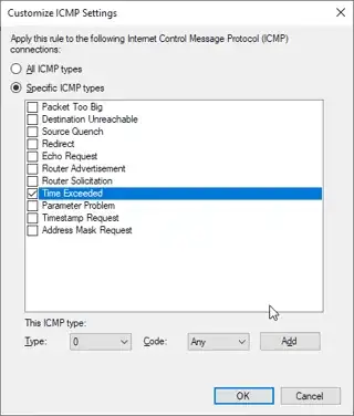 (Screenshot of wf.msc rule parameters, listing ICMP types and subtypes)