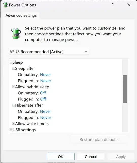 "sleep after" and "hibernate after" to Never (0 minutes)