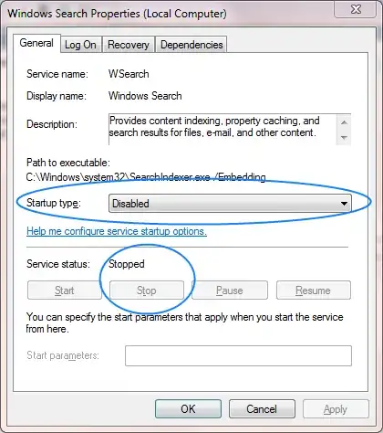 Windows search service dialog box
